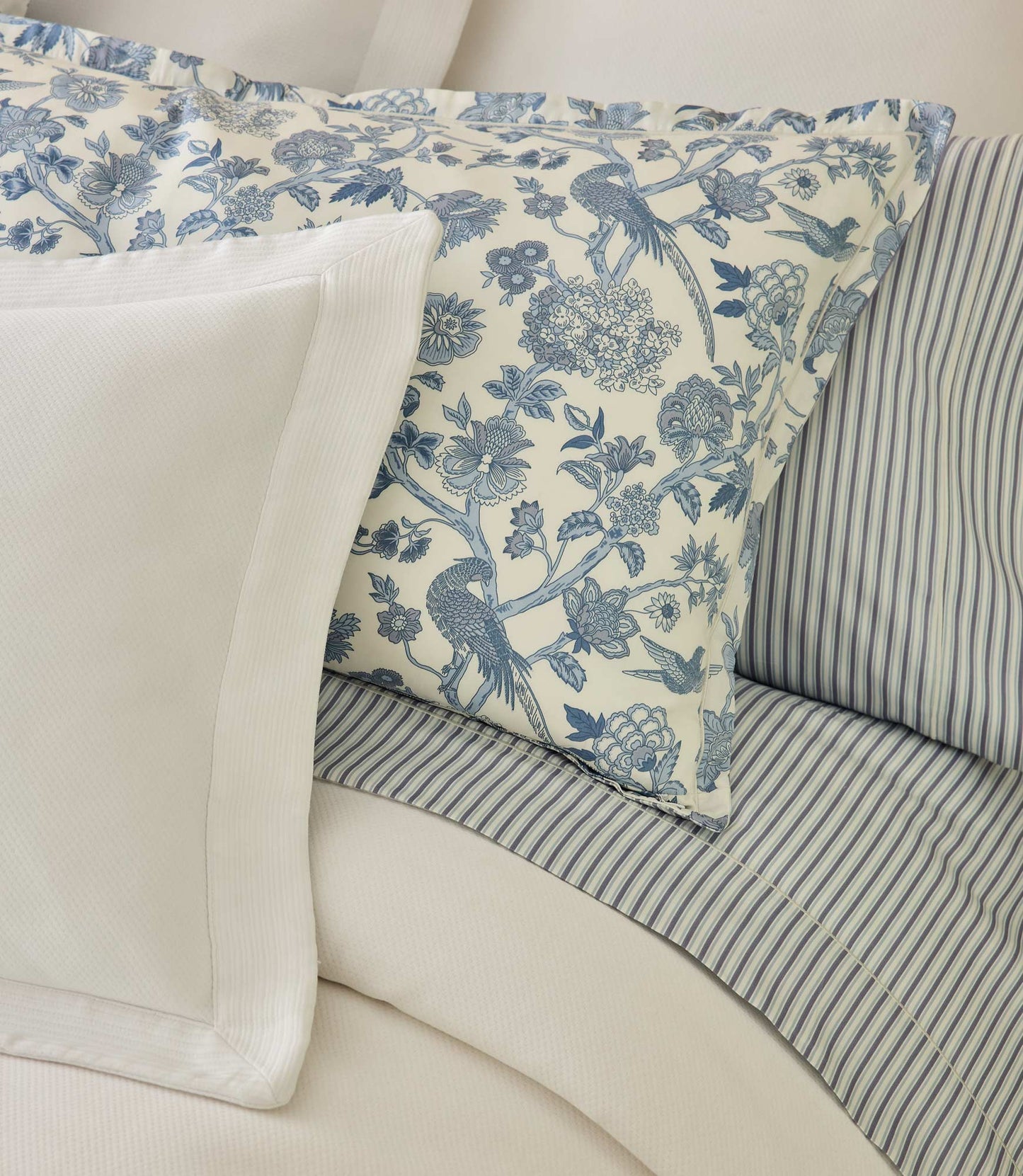Windsor Stripe Sheet Set displayed on a white bed, Stripe Wedgewood