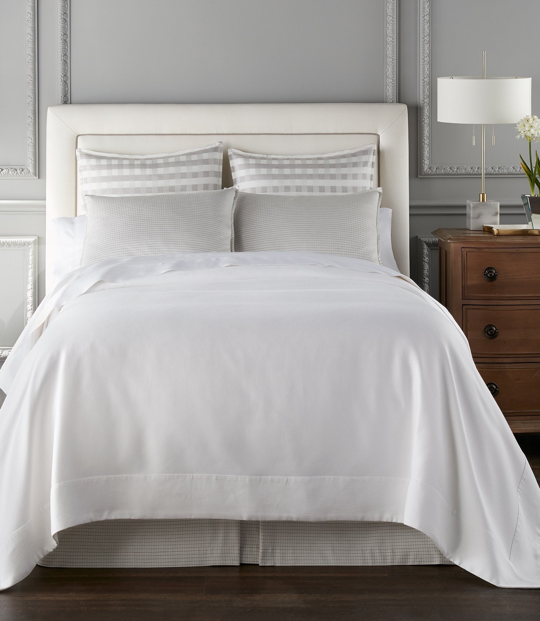 Angelina Matelassé Coverlet White on Bed in Hotel Room