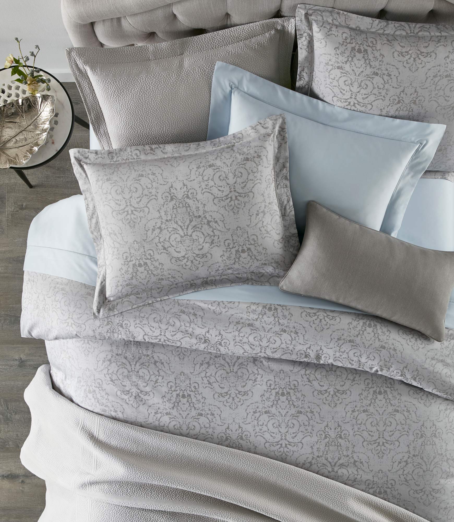 Bella duvet and sham stack on bed Pewter