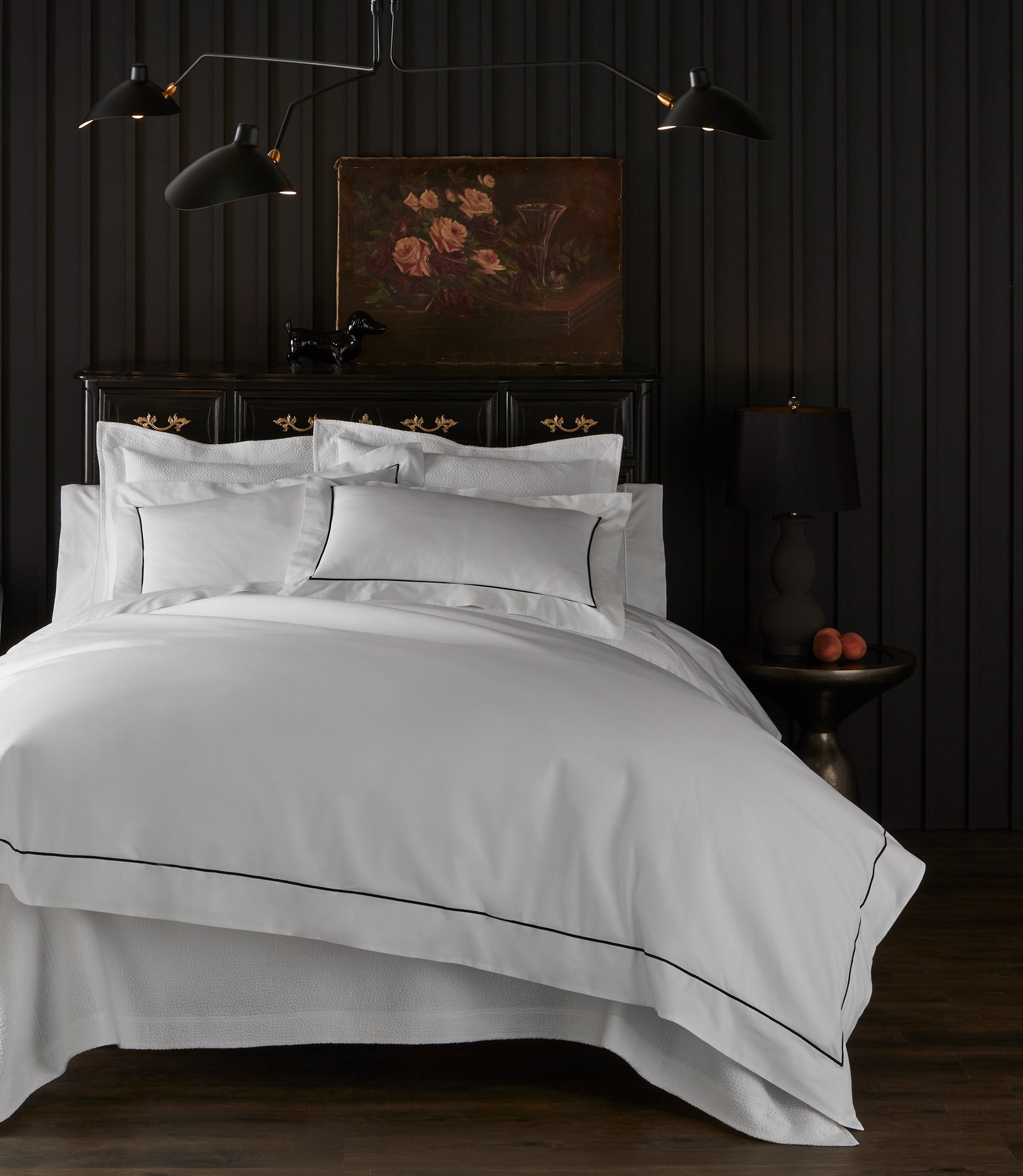 Soprano II Sateen Duvet Cover Black on bed in Black Room