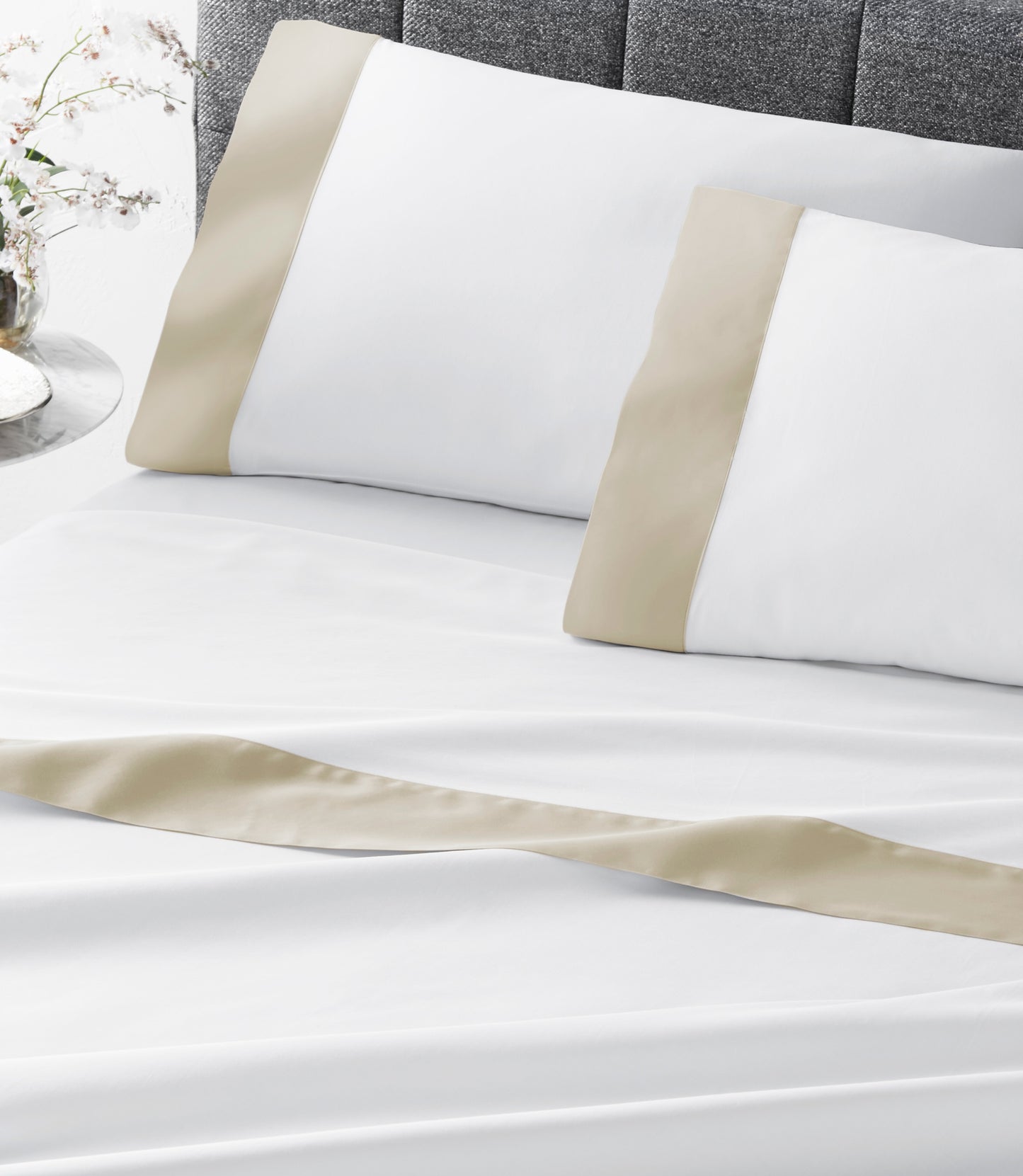 Modern Cuff Sateen Sheet Set Taupe on Bed