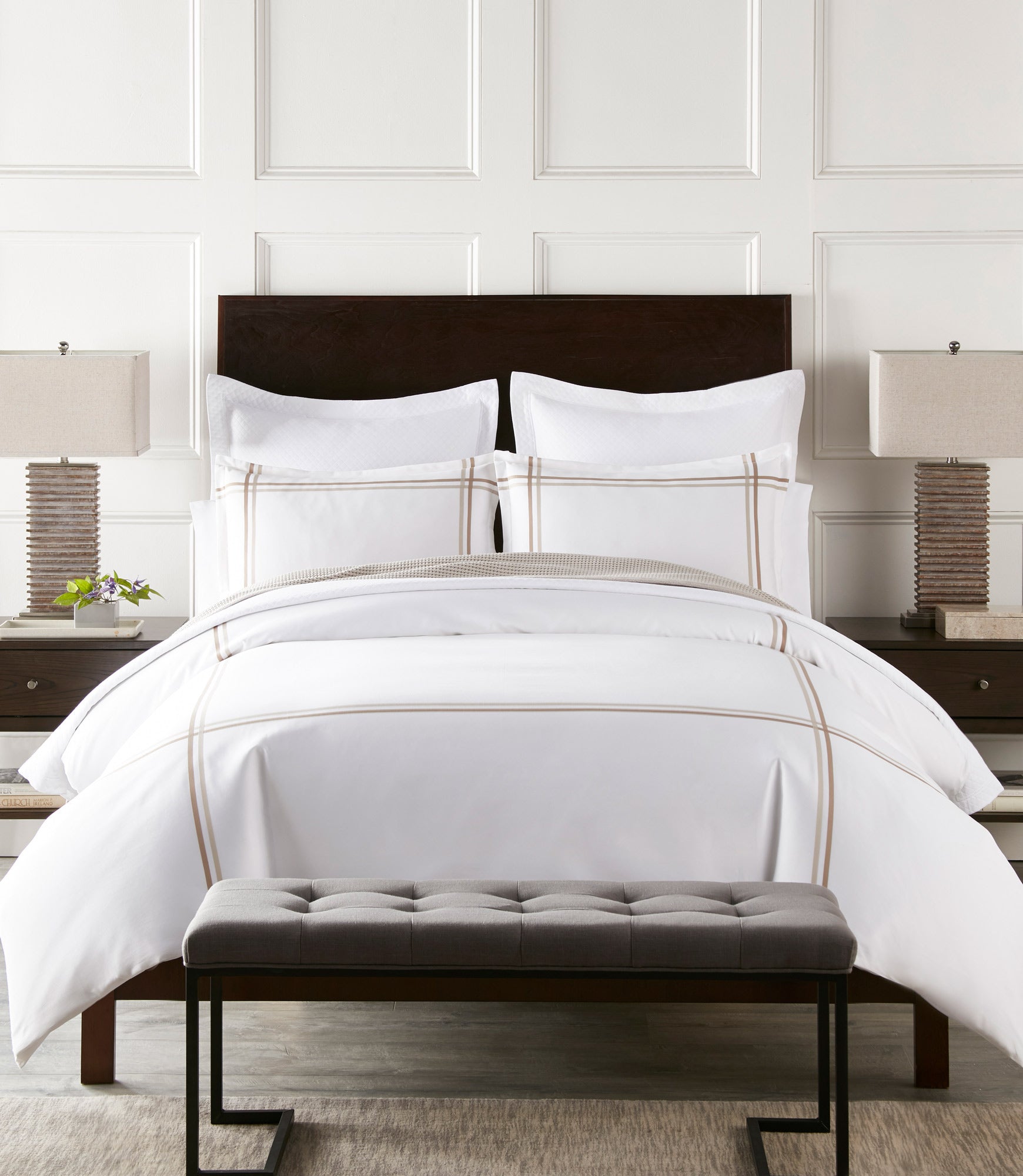 Duo Striped Sateen Sheet Set Linen on Bed in Hotel