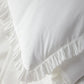 detail of white ruffled pillow sham
