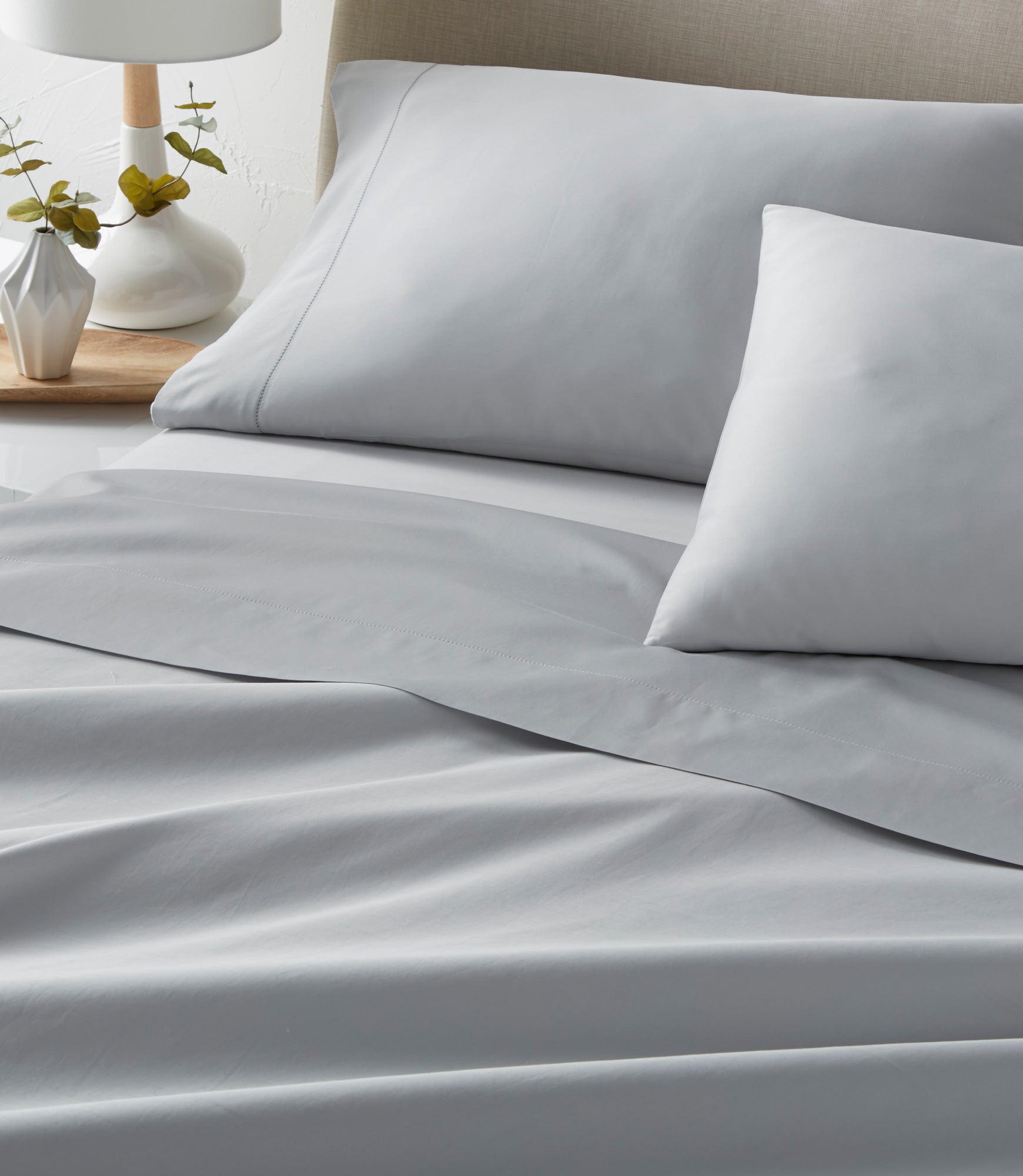 Essential Sateen Sheet Set on Bed Fog