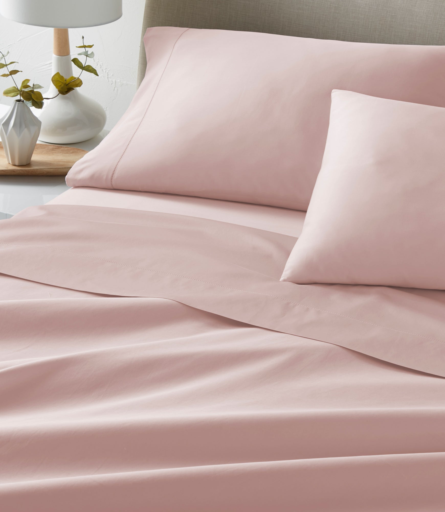 Essential Sateen Sheet Set on Bed Nude