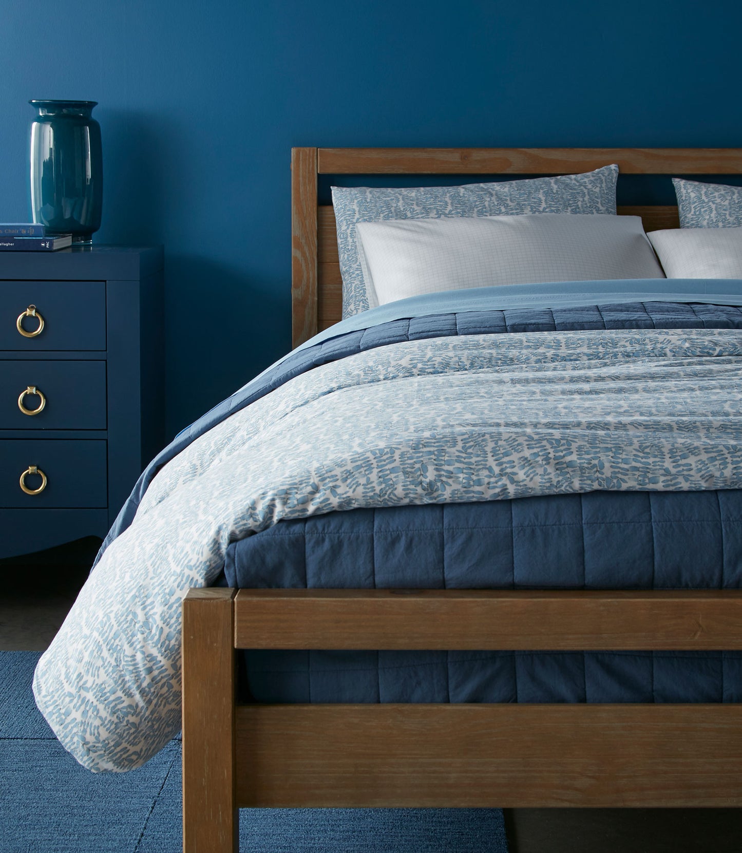 Fern Duvet Cover in Denim on Bed in Blue Room