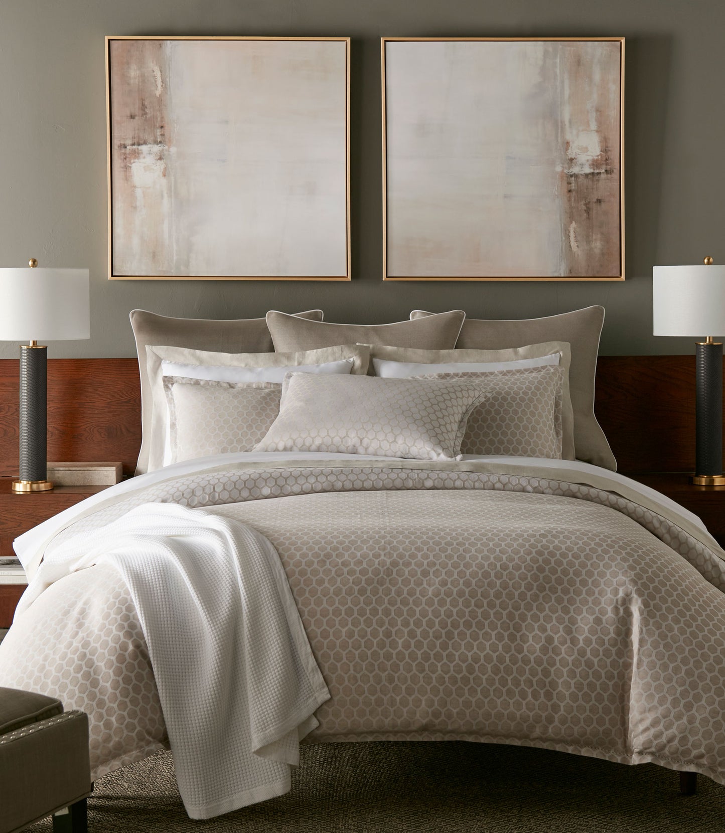 bedroom with neutral bedding with honeycomb pattern Linen