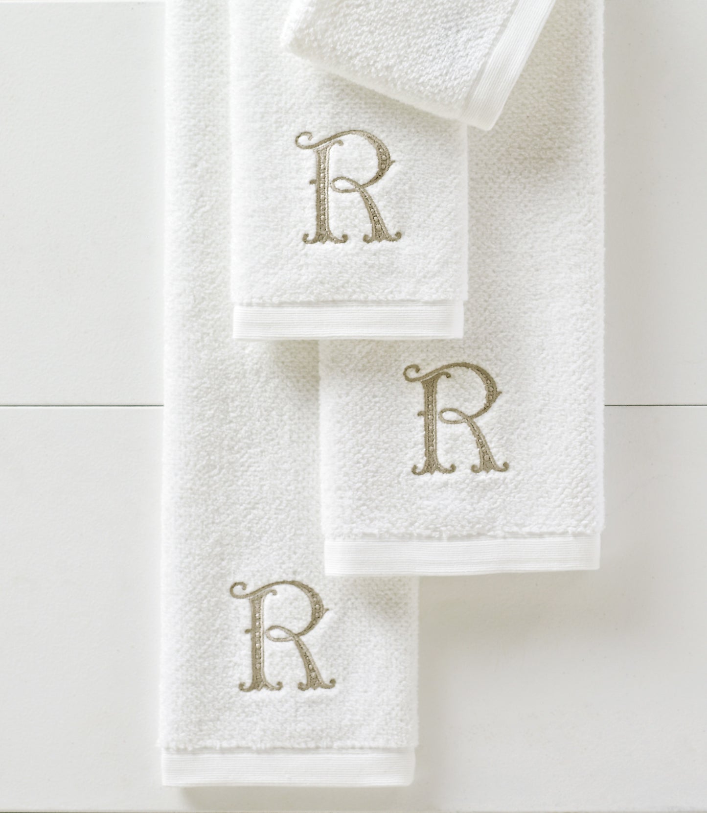 Jubilee Towel Set Detail Shot of White Bath Towels Monogrammed