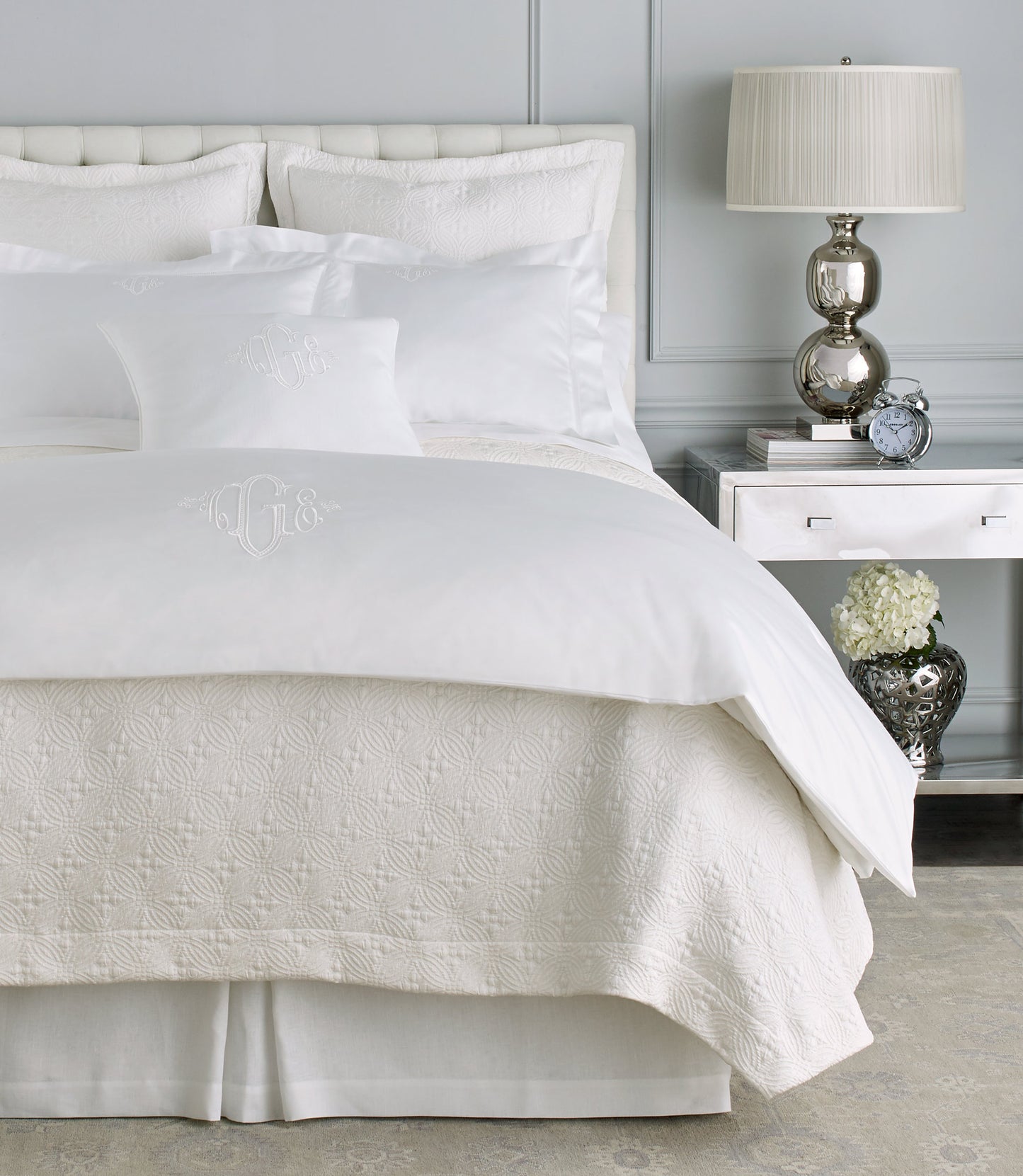 Lucia Matelassé Coverlet Pearl on Bed white