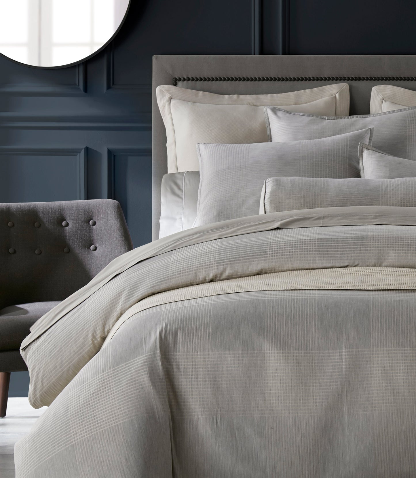 Matteo plaid Pewter bedding styled in bedroom
