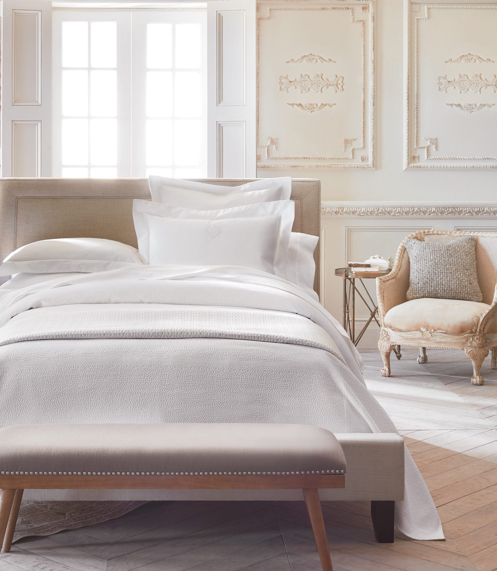 Montauk Matelassé Coverlet White on Bed in French Room