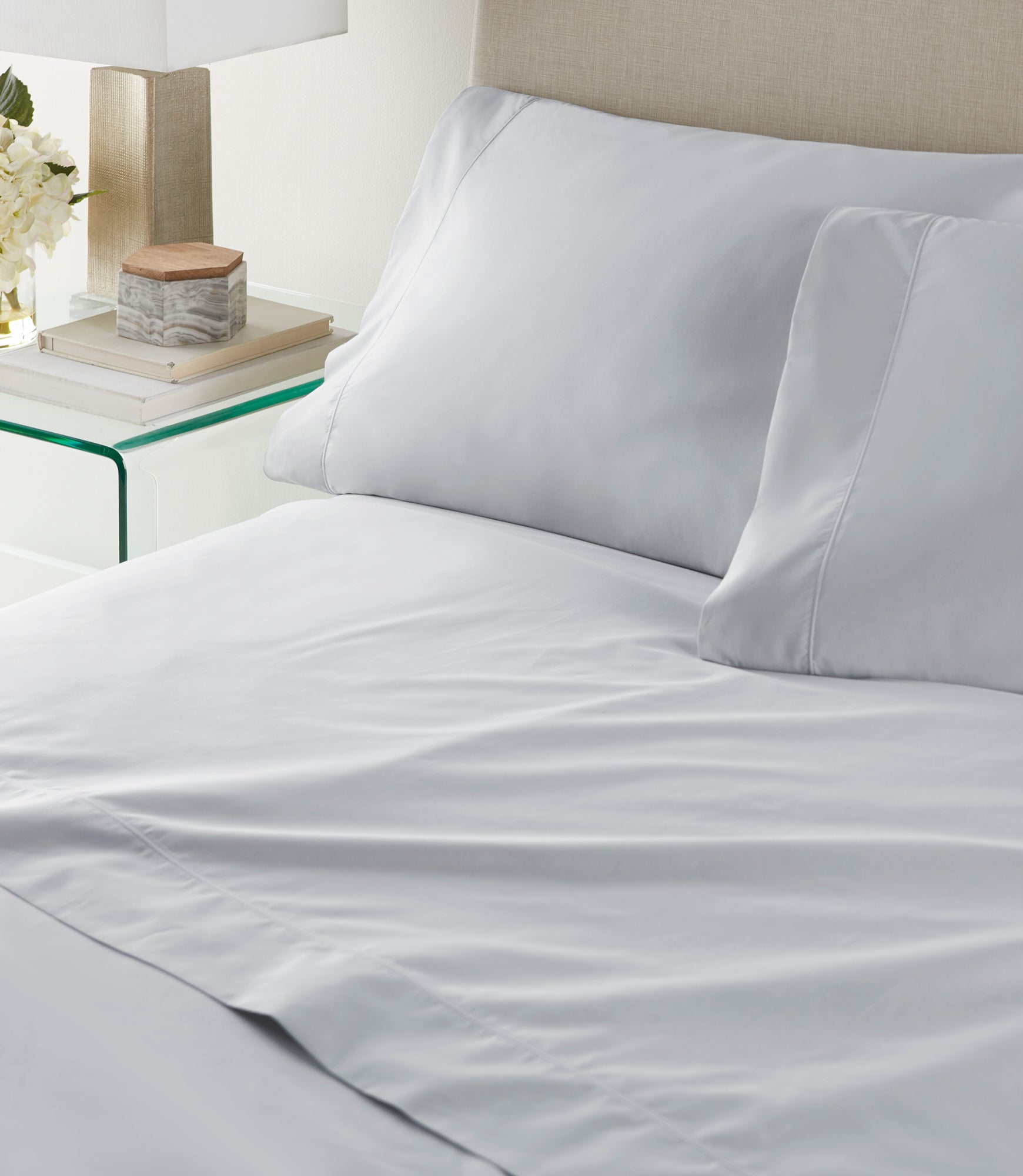 Nile Sheet Set Misty Blue on bed