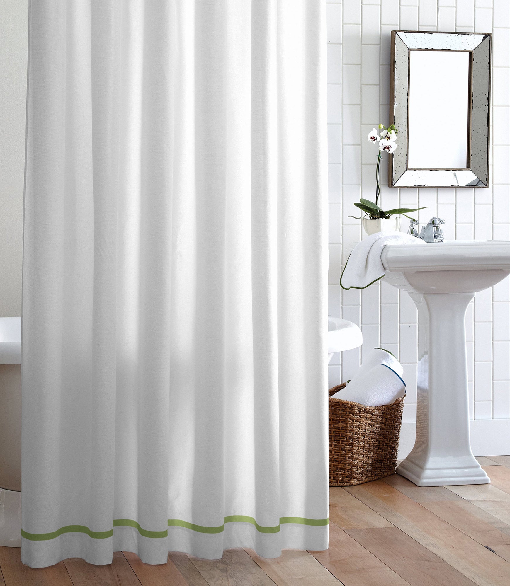 Pique 2 Tailored Shower Curtain Meadow Trim Hanging In Bathroom