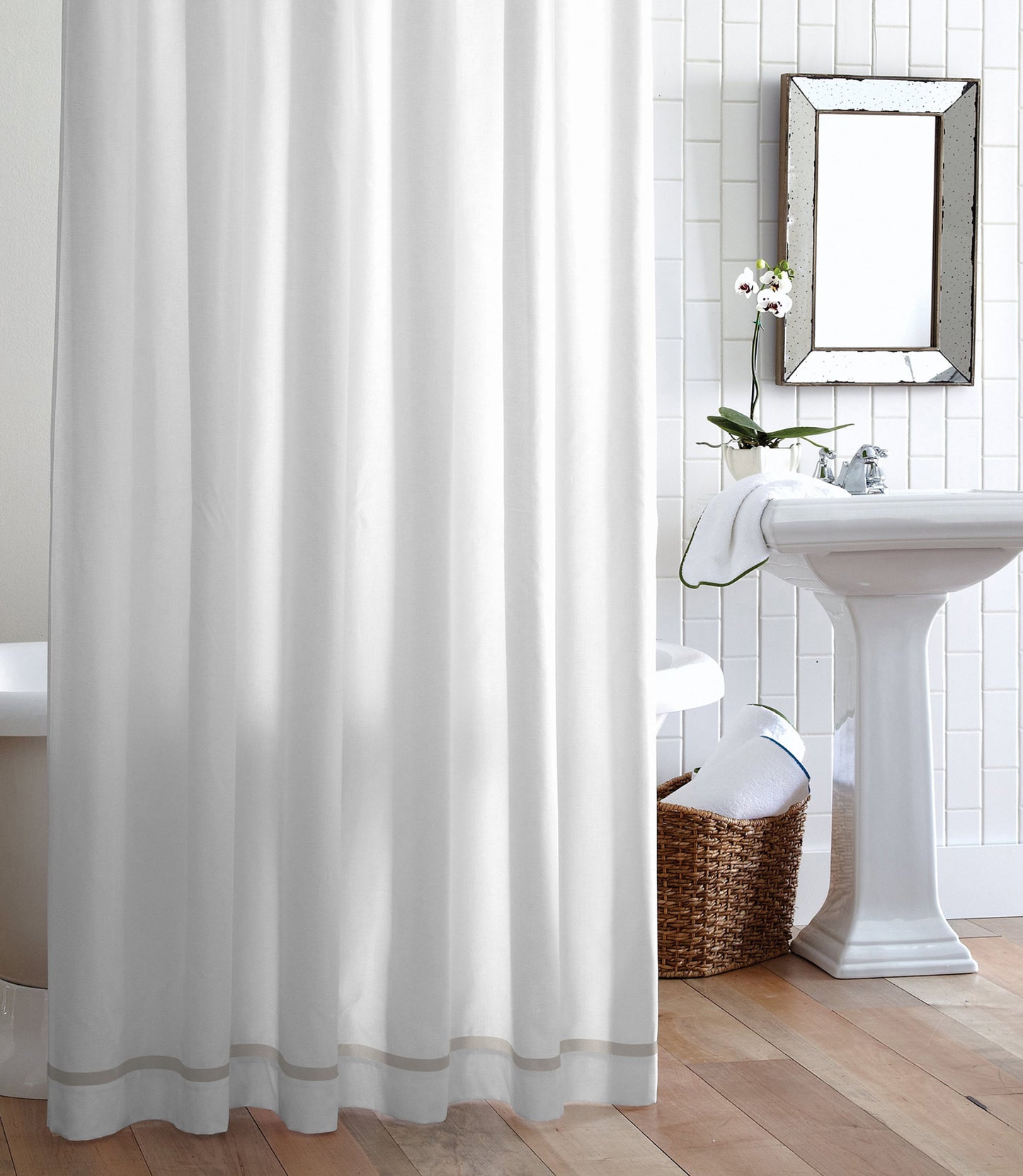 Pique 2 Tailored Shower Curtain Linen Trim Hanging In Bathroom