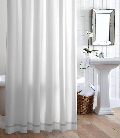 Pique 2 Tailored Shower Curtain Linen Trim Hanging In Bathroom