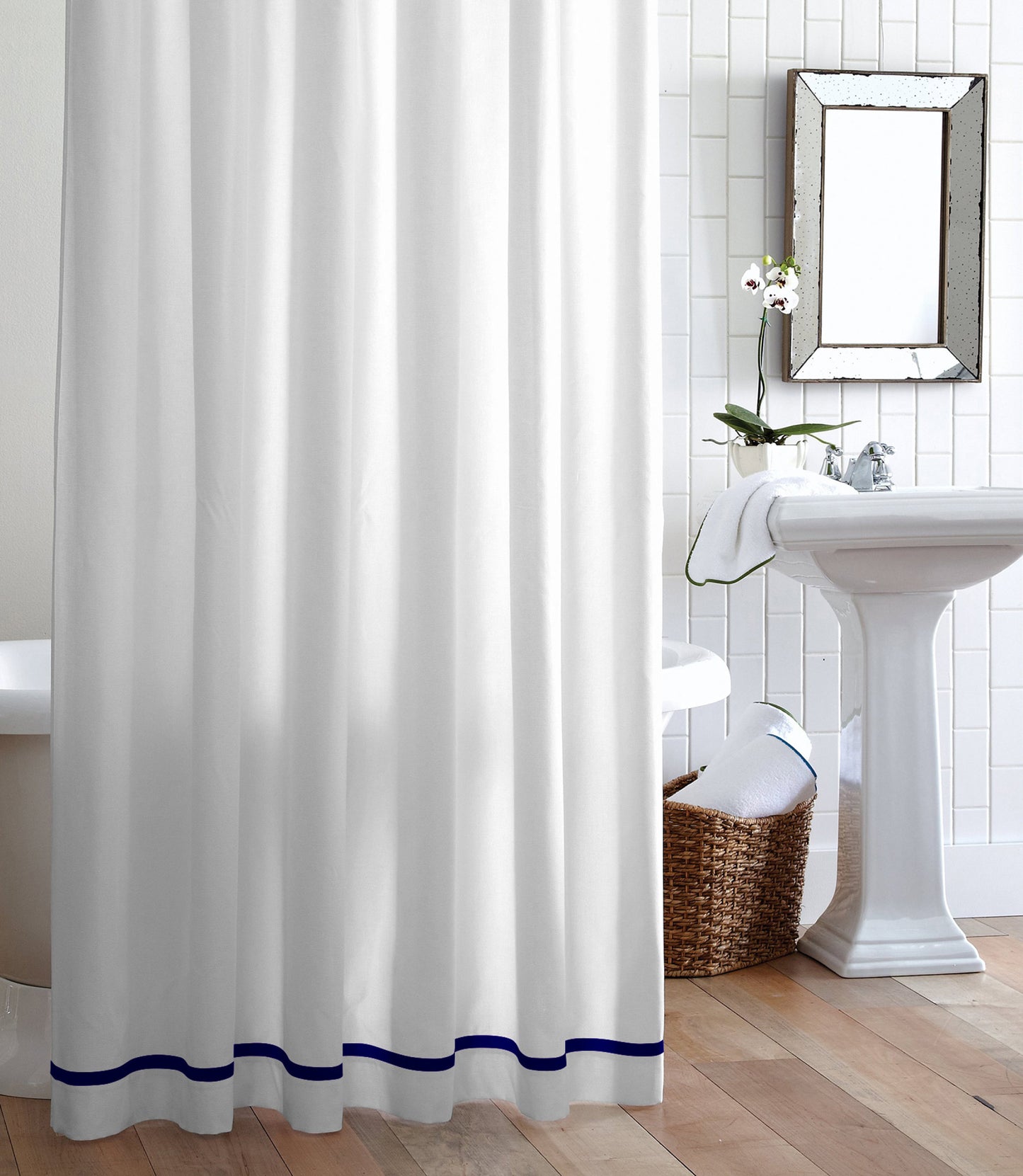 Pique 2 Tailored Shower Curtain Midnight Trim Hanging In Bathroom