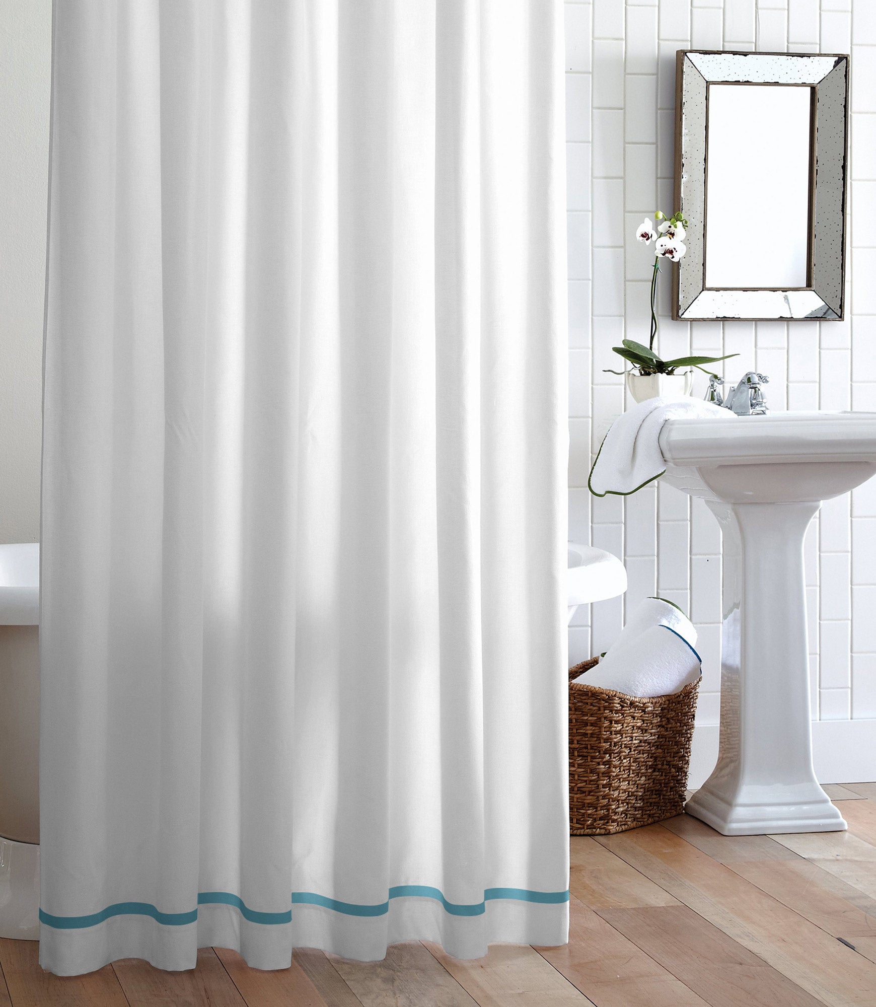 Pique 2 Tailored Shower Curtain Ocean Trim Hanging In Bathroom
