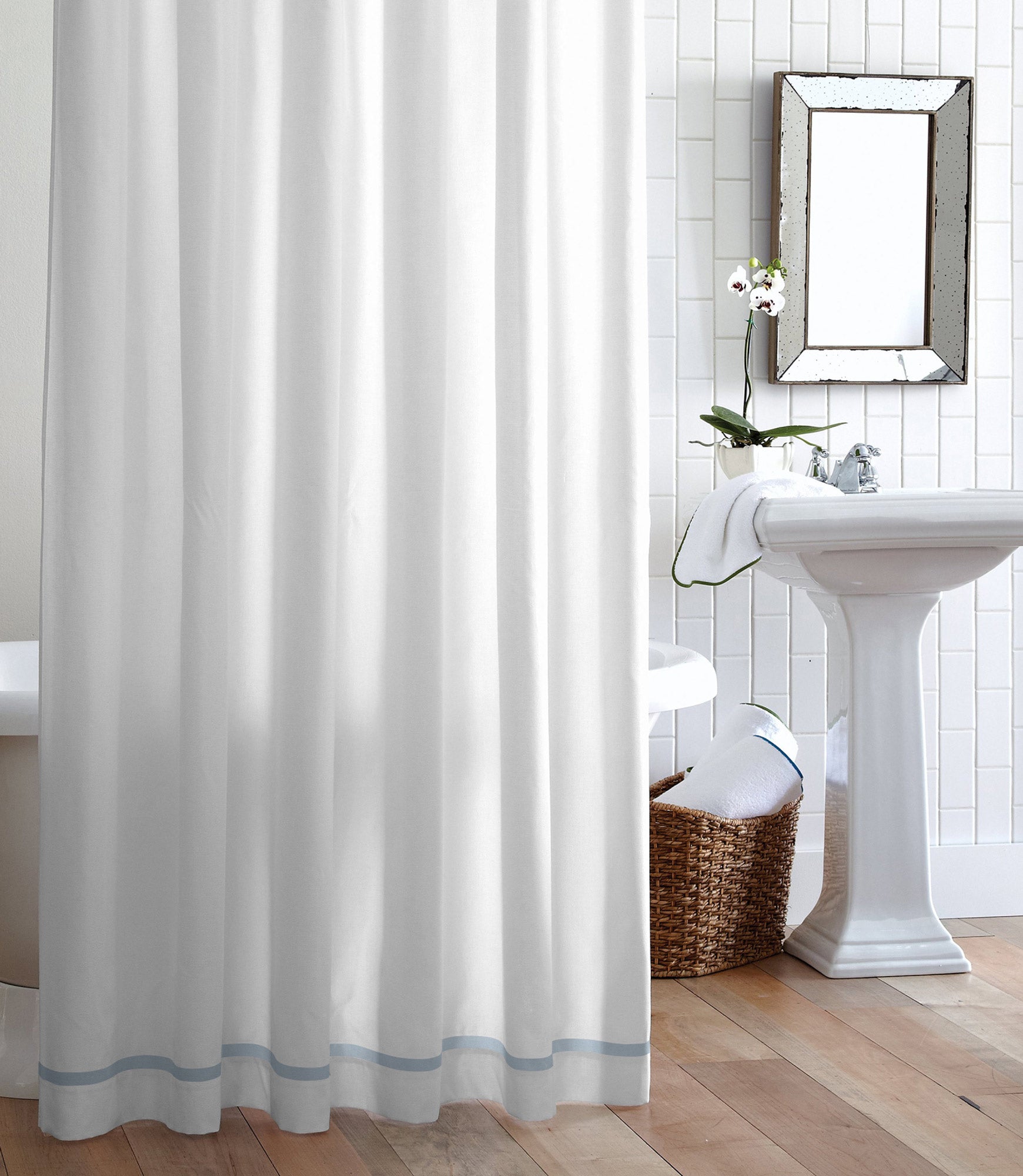 Pique 2 Tailored Shower Curtain Sky Trim Hanging In Bathroom