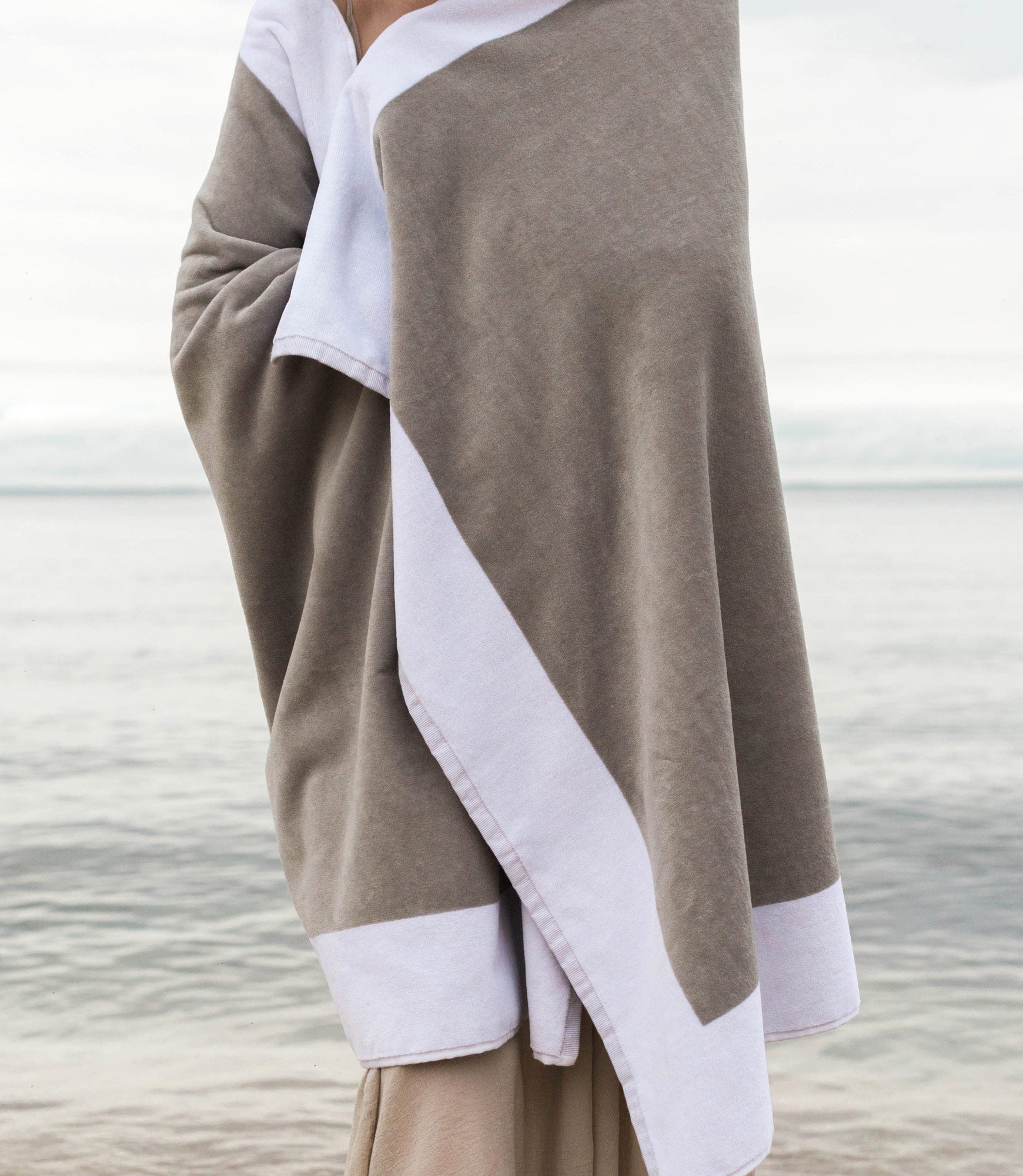 Soleil Beach Towel White Trim On Model
