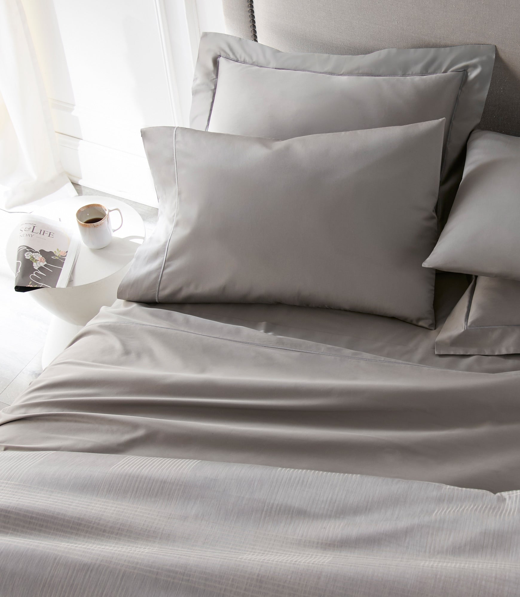 Soprano Sateen Flat Sheet in Pewter on Bed