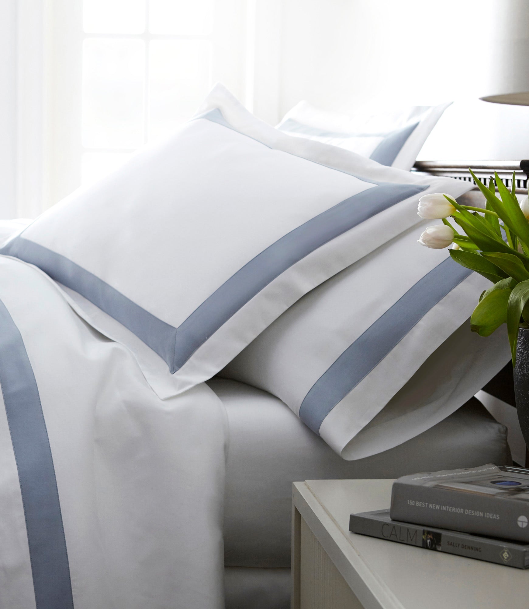 Soprano Trim Sateen Sheet Set Blue on Bed