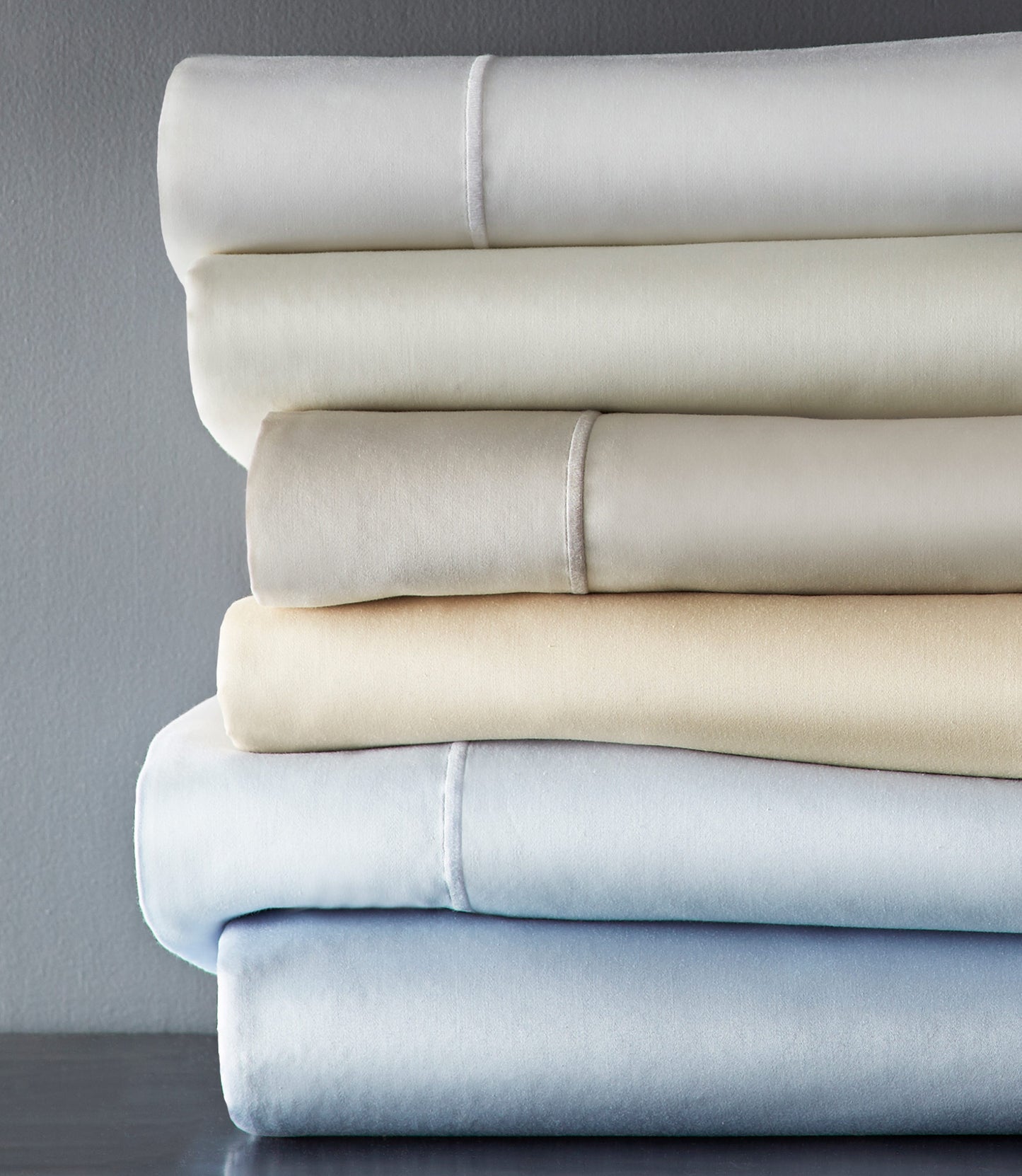 Soprano Sateen Flat Sheet Sheet Stack White, Ivory, Platinum, Linen, Barely Blue, Blue