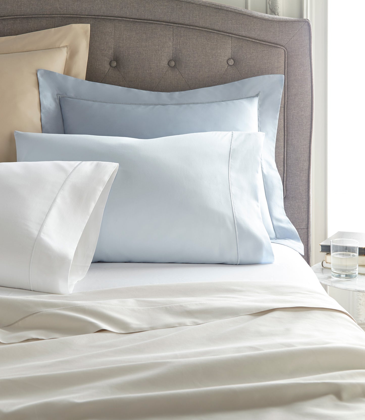 Soprano Sateen Sheet Collection in Various Colors on Bed White Ivory Linen Platinum Barely Blue Pewter Blue