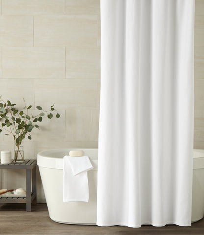 White Spa Shower Curtain In Front Of Bathtub 