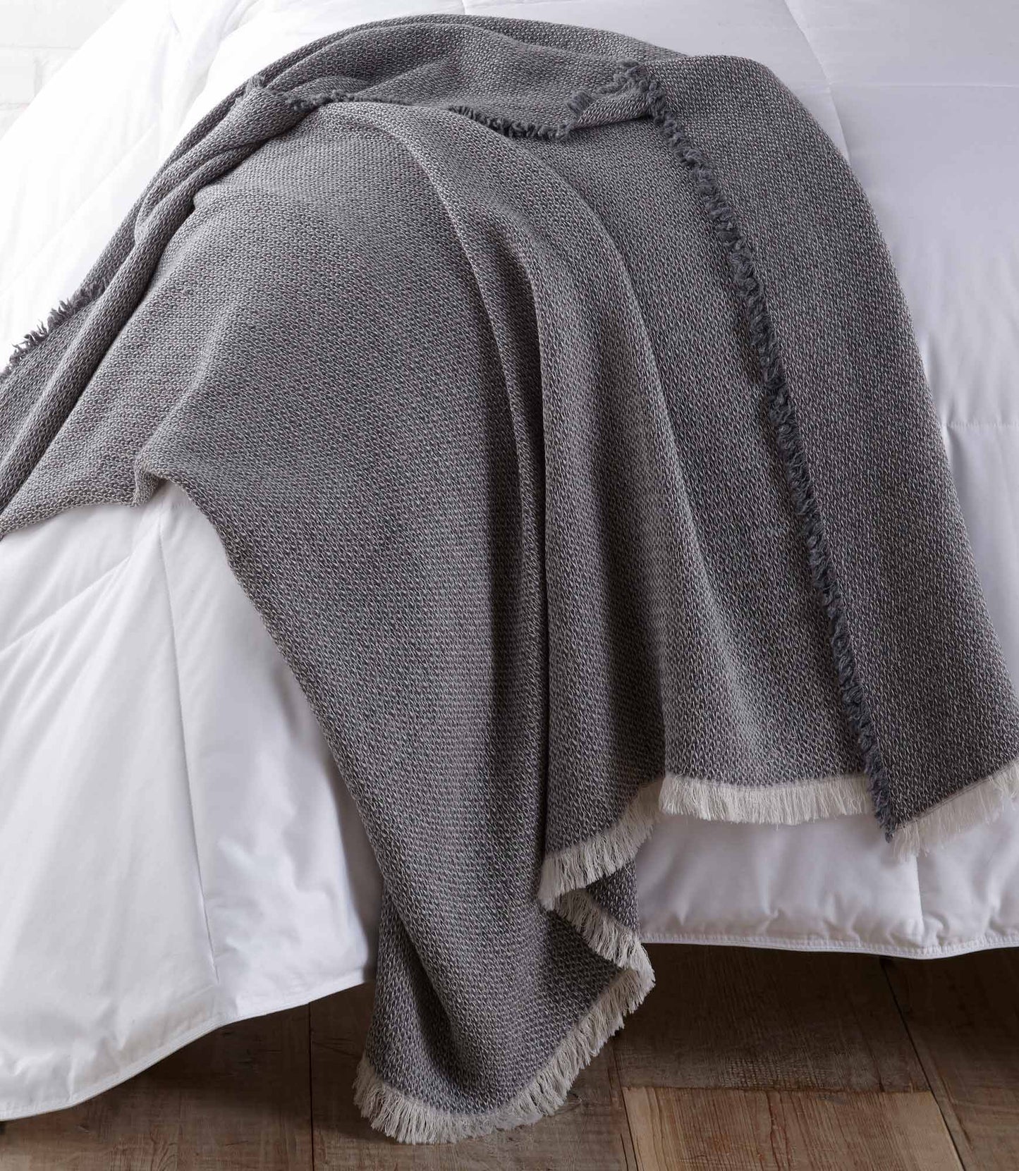 Telluride Wool Throw Blanket Gray on Bed Corner