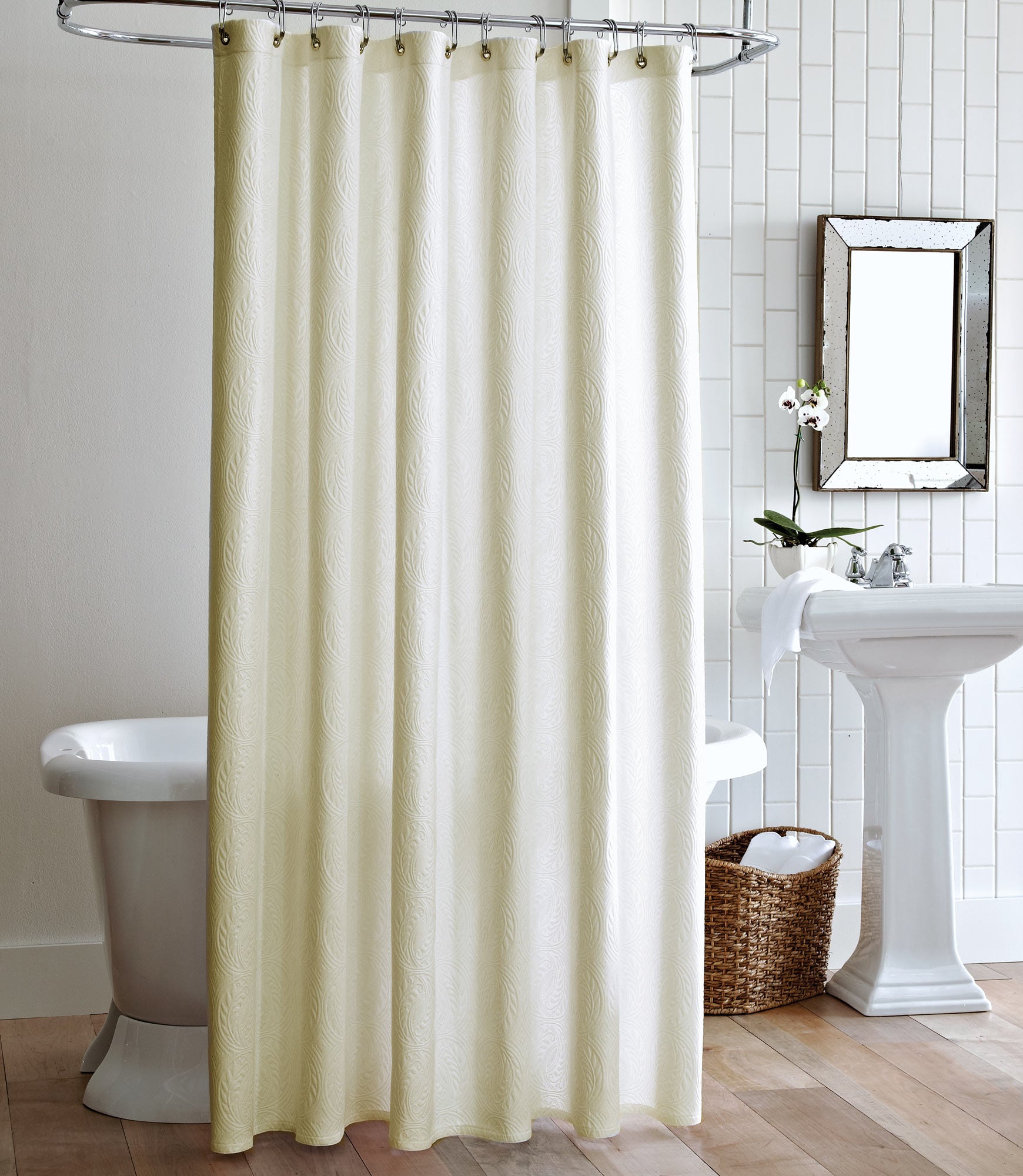 Vienna Matelassé Shower Curtain Ivory Hanging In Bathroom