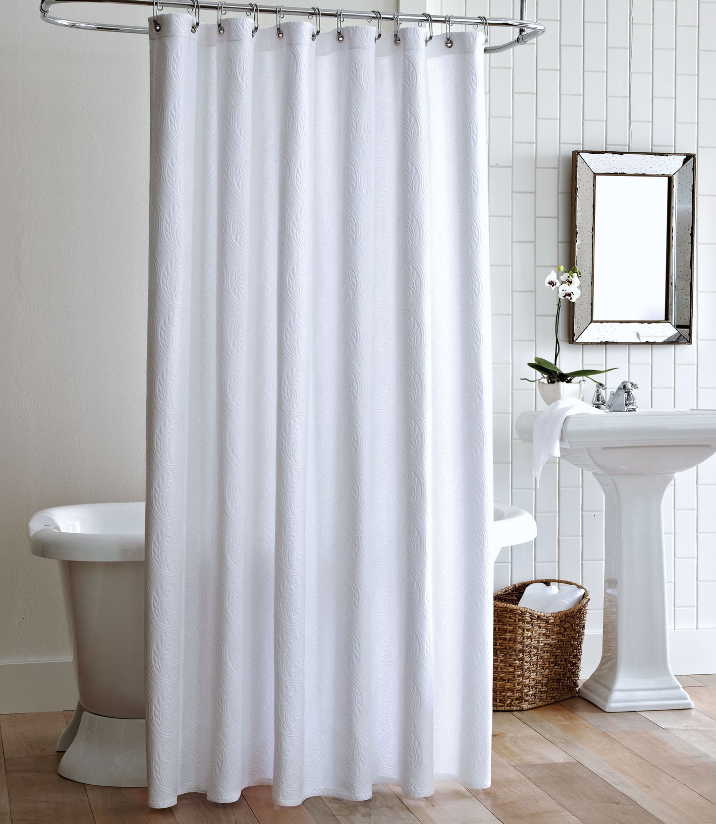 Vienna Matelassé Shower Curtain White Hanging In Bathroom